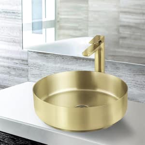 Round Stainless Steel Vessel Sink in Gold with High Arc Faucet and Pop-Up Drain in Brushed Gold