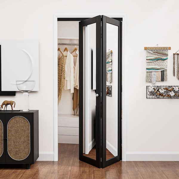 36 in. x 80 in. 1-Lite Mirrored Glass and Solid Core Black Finished Close MDF Bi-Fold Door with Hardware