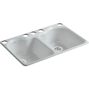 Hartland Undermount Cast-Iron 33 in. 5-Hole Double Bowl Kitchen Sink in Ice Grey