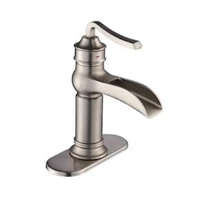 Single Handle Single Hole Waterfall Bathroom Sink Faucet with Deckplate Drain Kit Vanity Sink Spout in Brushed Nickel