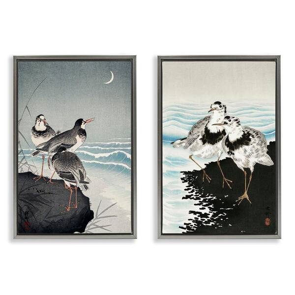 Sea Birds Under Moon by Ohara Koson 2-Pieces Gray Floater Frame Animal Graphic Art Print 31 in. x 21 in.