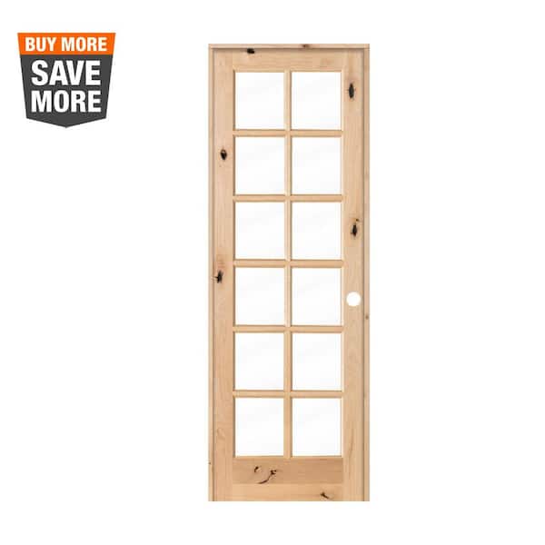Krosswood Doors 36 in. x 96 in. French Knotty Alder 12-Lite Tempered Clear Glass Solid Left-Hand Wood Single Prehung Interior Door