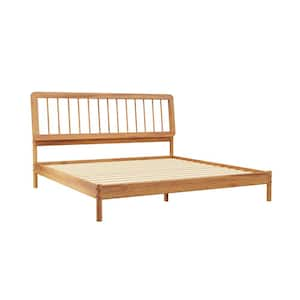 Mid-Century Modern Brown Solid Wood Frame King Platform Bed