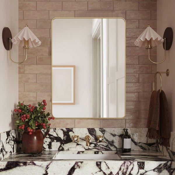 22 in. W x 30.1 in. H Modern Rectangular Aluminum Frame Gold Wall Mirror (Screws Included)