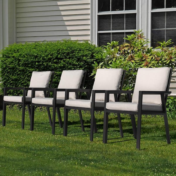 Black Aluminum Outdoor Dining Chairs with Gray Cushions (4-Pack)