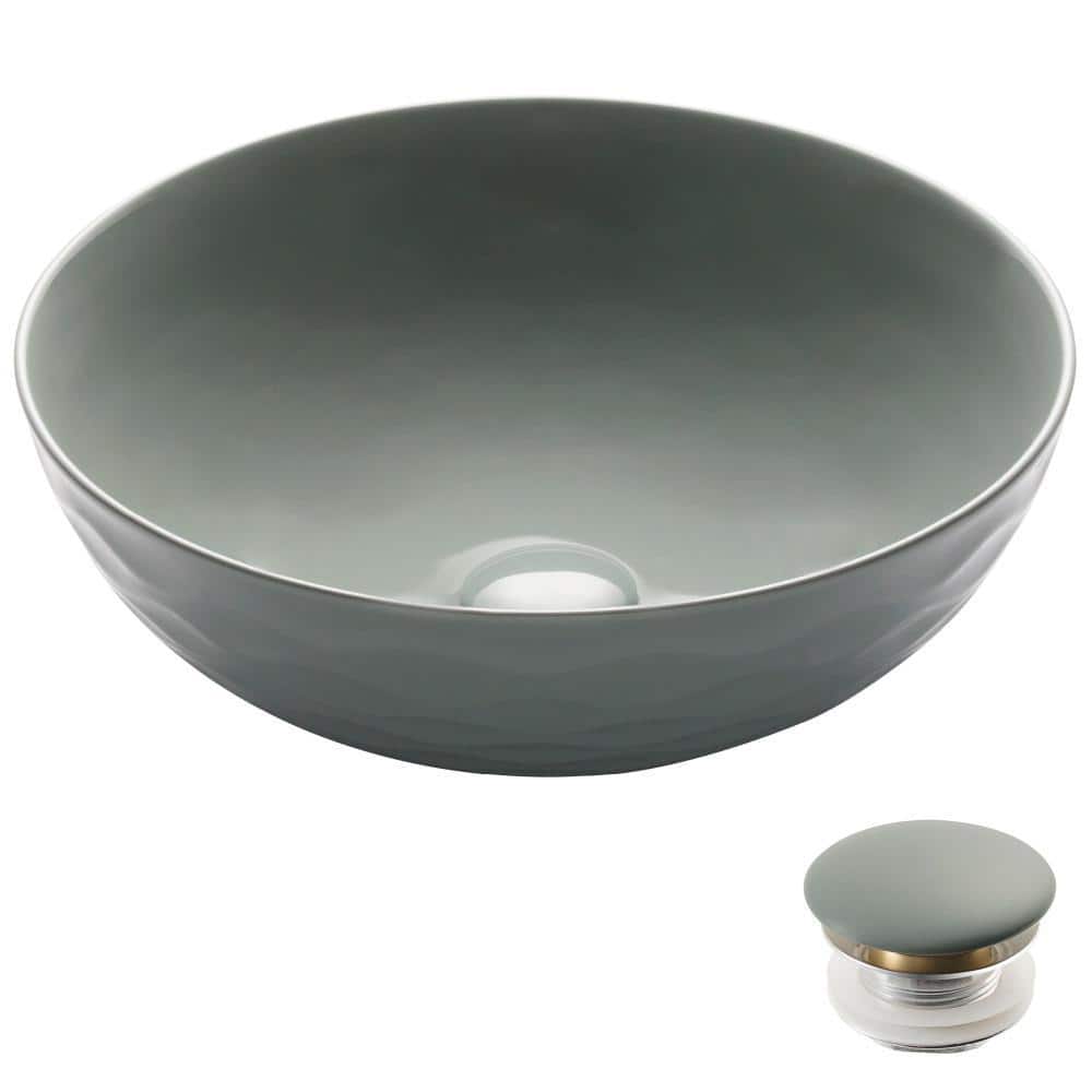 KRAUS Viva 161/2 in. Round Porcelain Ceramic Vessel Sink with PopUp Drain in Gray KCV200GGR