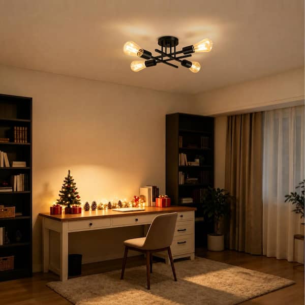 16 In. Black Farmhouse Semi-Flush Mount Ceiling Light Fixtures Modern Sputnik Chandelier for Kitchen Bedroom Dining Room