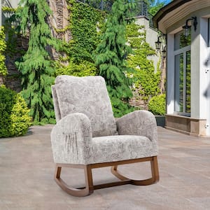 Brown Wood Outdoor Patio Rocking Chair with Geometry Gray Cushions