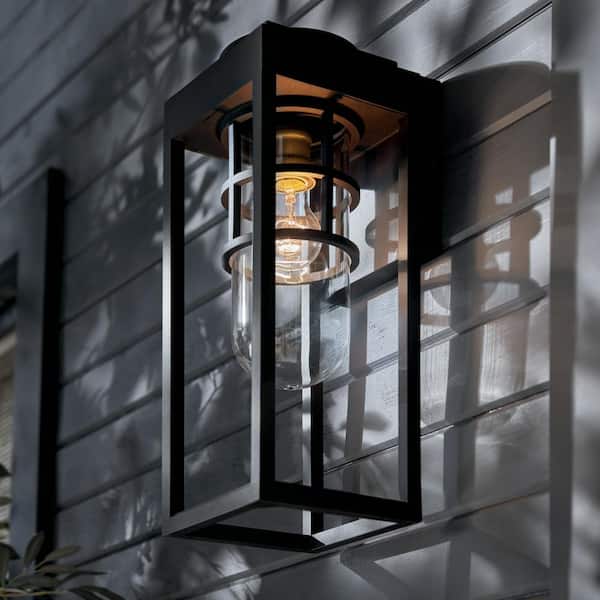 Hone 13 in. 1-Light Textured Black Industrial Outdoor Hardwired Wall Lantern Sconce with No Bulbs Included (1-Pack)