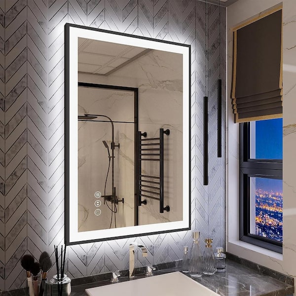 KIOTEE 24 in. W. x 36 in. H Rectangular Framed Front and Back LED Lighted Anti-Fog Wall Bathroom Vanity Mirror Tempered Glass