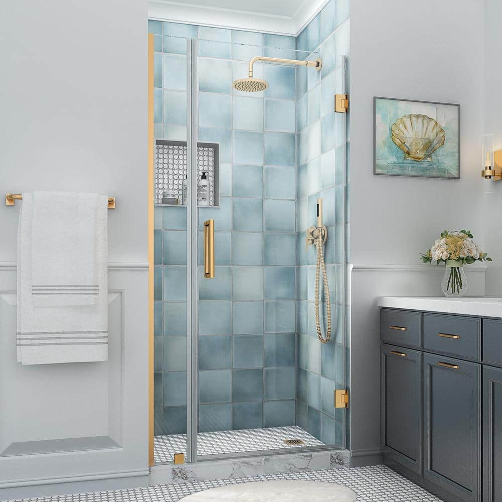 Belmore XL Frameless Hinged Shower Door with Clear Glass and Brushed Gold Finish