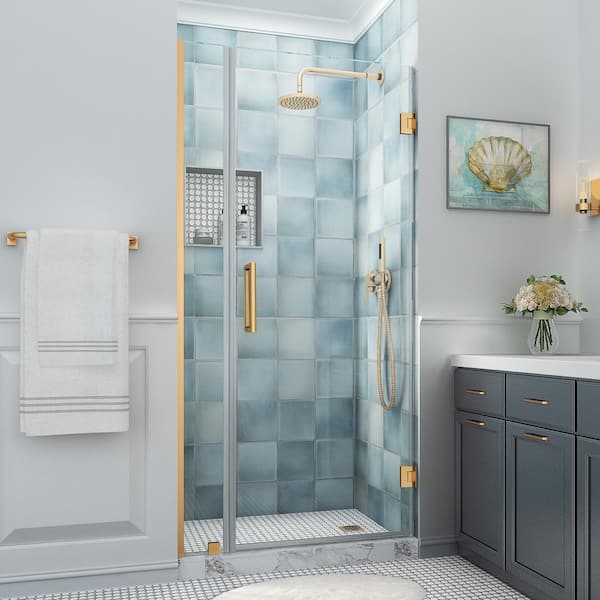 Aston Belmore XL 39.25 - 40.25 in. W x 80 in. H Frameless Hinged Shower Door with Clear StarCast Glass in Brushed Gold