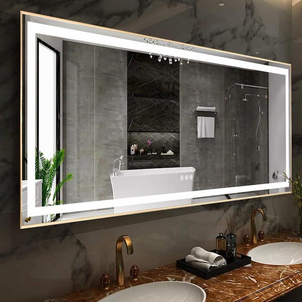 84 in. W x 36 in. H Large Rectangular Metal Framed Dimmable AntiFog Wall  Mount LED Light Bathroom Vanity Mirror in Gold