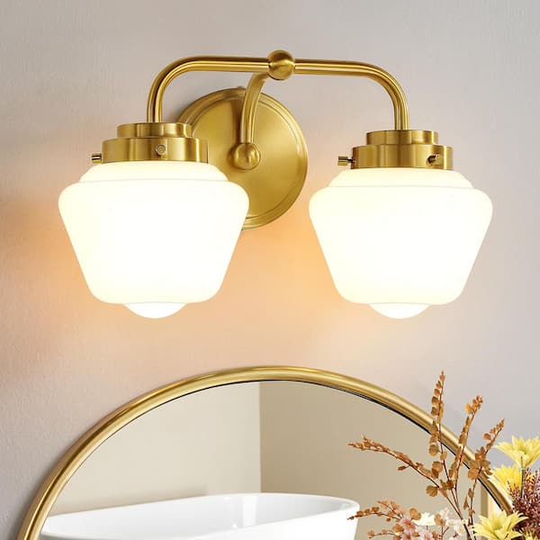 14 in. 2 Light Dimmable Wall Sconce Gold Vanity Light with Globe Glass Shade For Bathroom Light Fixtures Over Mirror
