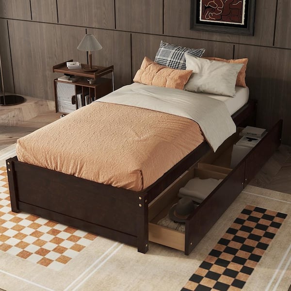 Harper & Bright Designs Espresso Brown Wood Frame Twin Size Platform Bed with 2-Drawers Storage