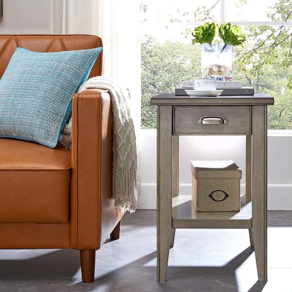 Laurent 16 in. Smoke Gray Rectangle Solid Wood Drawer Chairside Table with Shelf