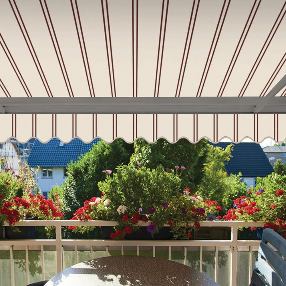 Beige and Red Striped Motorized Patio Awning with Aluminum Frame