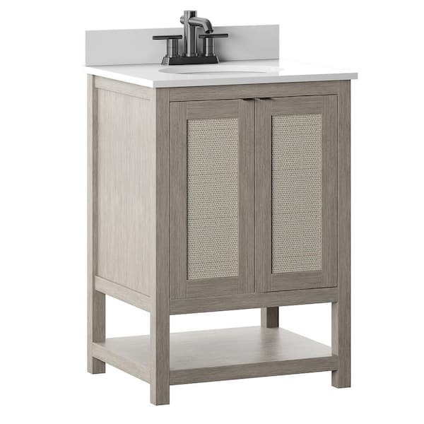 Twin Star Home 24 in. Bath Vanity in Barstow Acacia with Coastal Linen Doors and Vanity Top in White Stone with Basin