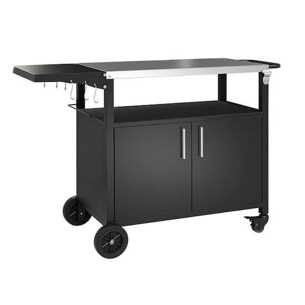 Outdoor Kitchen Cart Stainless Steel Top 20 x 50 x 32.2 Inch Prep Table with Storage Wheels Black Island