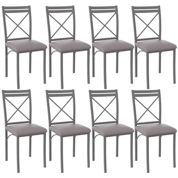 Dining Chairs (Set of 8) w/ Steel Legs, Ergonomic Back and PU Leather Cushioned Seats for Kitchen and Living Room, Gray