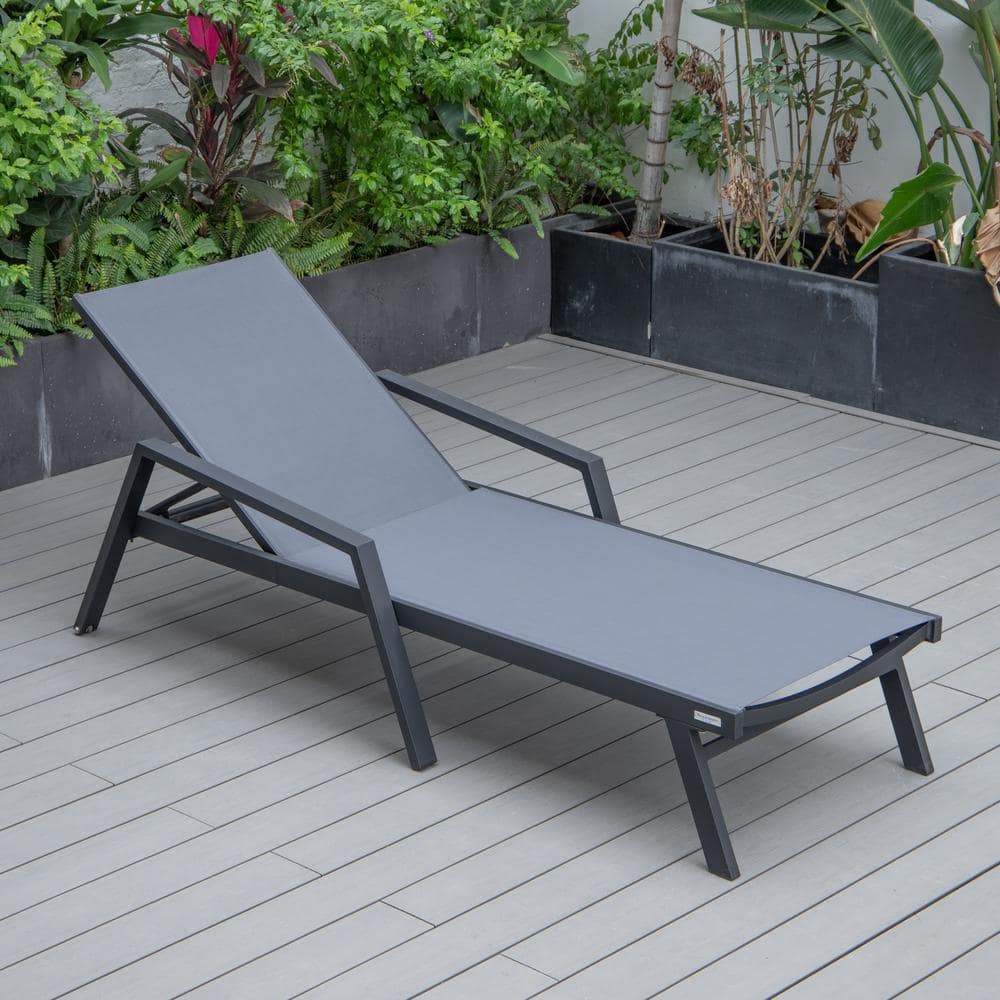 Dark Gray Aluminum Patio Chaise Lounge Chair with Arms and Cushions