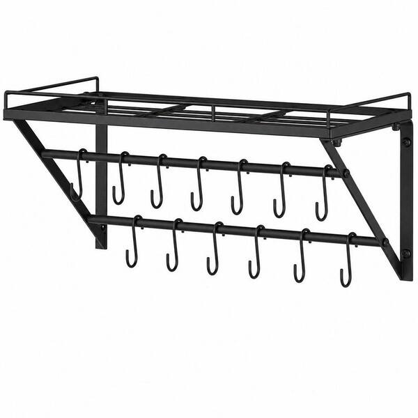 Black 23.6 in. Wall Mounted Pot Rack Storage Shelf with 2-Tier Hanging Rails and 12 S Hooks
