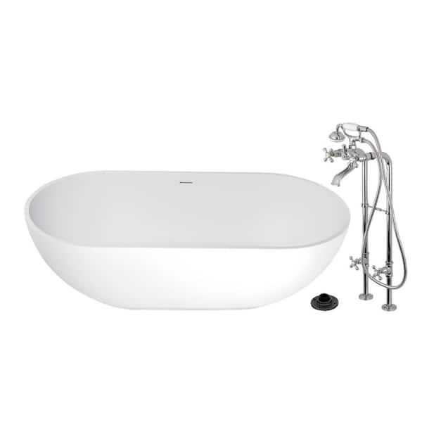 Arcticstone 70.1 in. x 34.6 in. Surface White Stone Flatbottom Soaking Freestanding Bathtub in White/Polished Chrome
