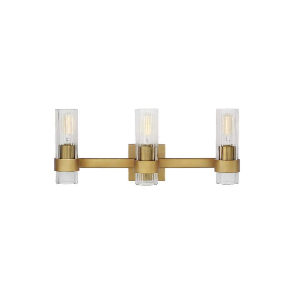 Geneva 22.5 in. W x 8.875 in. H 3-Light Burnished Brass Mid-Century Modern Vanity Light with Clear Fluted Glass Shades price history on PriceWatchPro