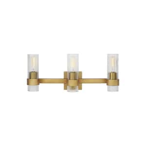 Geneva 22.5 in. W x 8.875 in. H 3-Light Burnished Brass Mid-Century Modern Vanity Light with Clear Fluted Glass Shades