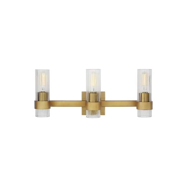 Generation Lighting Geneva 22.5 in. W x 8.875 in. H 3-Light Burnished Brass Mid-Century Modern Vanity Light with Clear Fluted Glass Shades