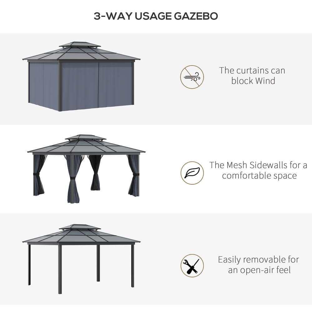 Black Aluminum Frame Hardtop Gazebo with Polycarbonate Canopy and Curtains