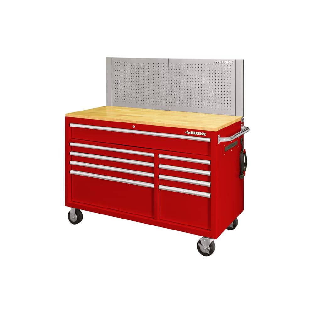 Husky 52 in. W x 24.5 in. D 9-Drawer Standard Duty Mobile Workbench Tool Chest with Solid Work Top and Pegboard in Gloss Red, Gloss Red with Silver Trim -  HOTC5209B23M