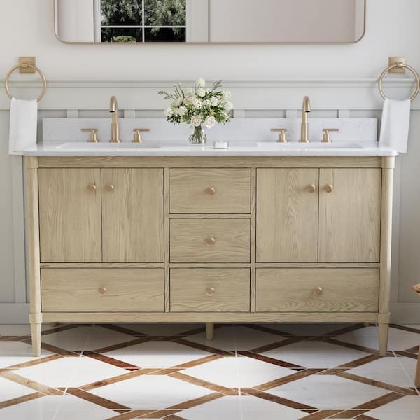 60 in. OAK Solid Wood Bath Vanity with Carrara White Quartz Top, Soft-Close Doors, Drawers, CUPC Certified, Assembled