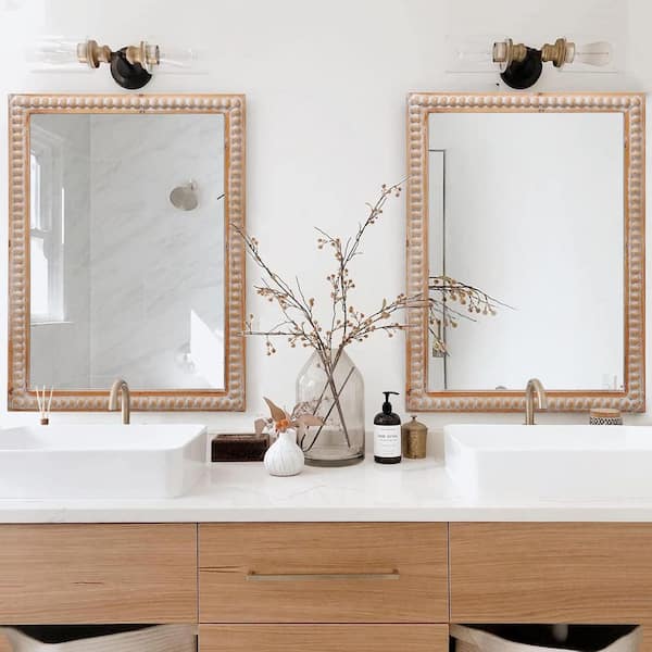 Brown 22 in. W x 30 in. H Farmhouse Rectangle Wood Framed Wall Mirror, Decorative Bathroom Vanity Mirror with Beading