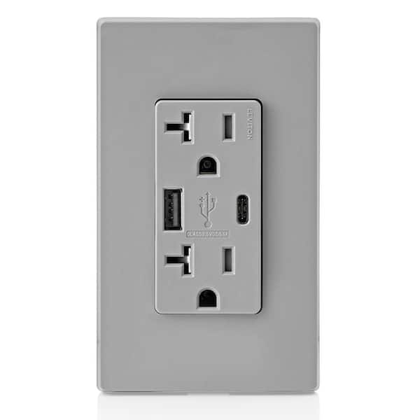 20 Amp Type A and Type-C USB Charger/Tamper Resistant Receptacle, Gray T5833-GY