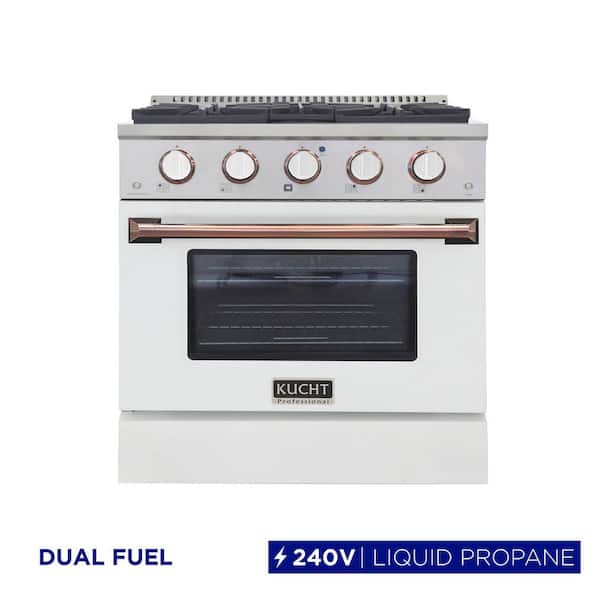 30 in. 4.2 cu. ft. Dual Fuel Range with Gas Stove and Electric Oven with Convection Oven in White and Rose Gold