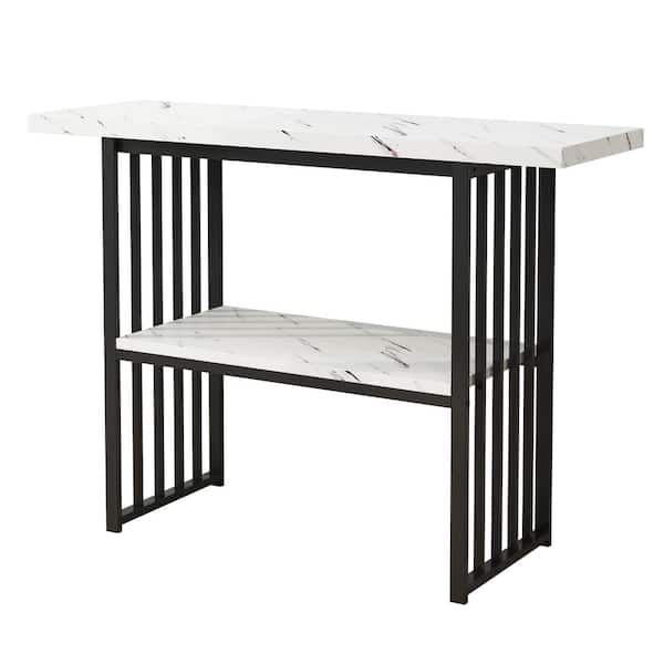 Karl home 42.13 in. White and Black Rectangle Marble Grain MDF Console Table with Shelf