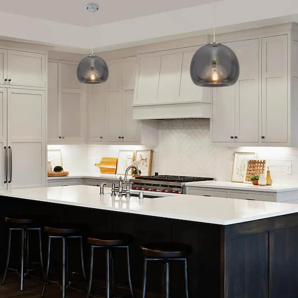 1-Light Chrome Globe Adjustable Hanging Pendant Light with Smokey Grey Class Shaded for Living Room, No Bulbs Included