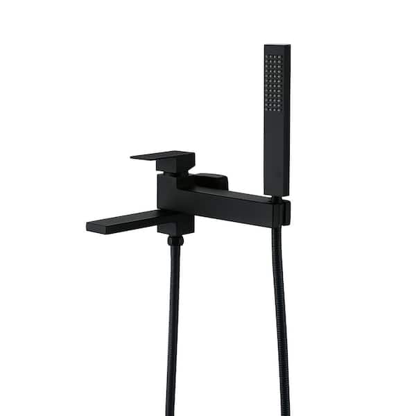 1-Handle Wall Mounted Roman Tub Faucet 90° Rotating Spout Bathtub Faucet with Hand Shower in Matte Black