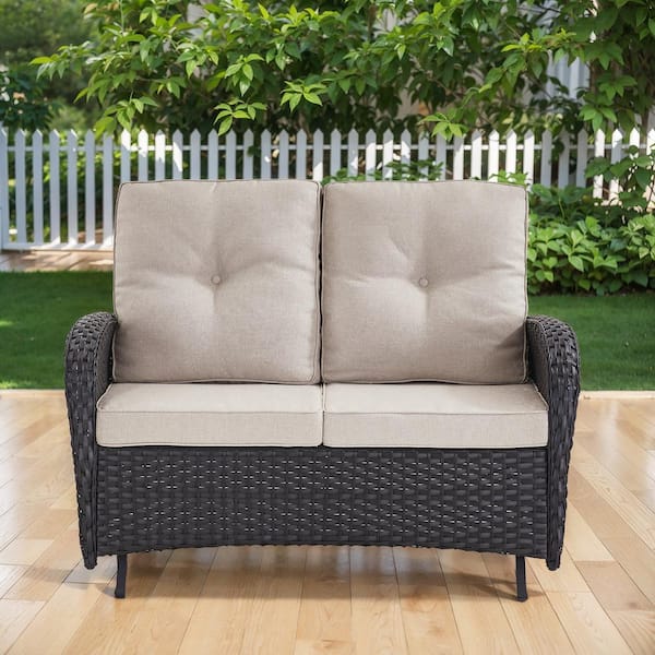 Gymojoy Annies 50 In. Width 2-Person Patio Black Wicker Outdoor Glider Loveseat Bench with Beige Thick Cushion