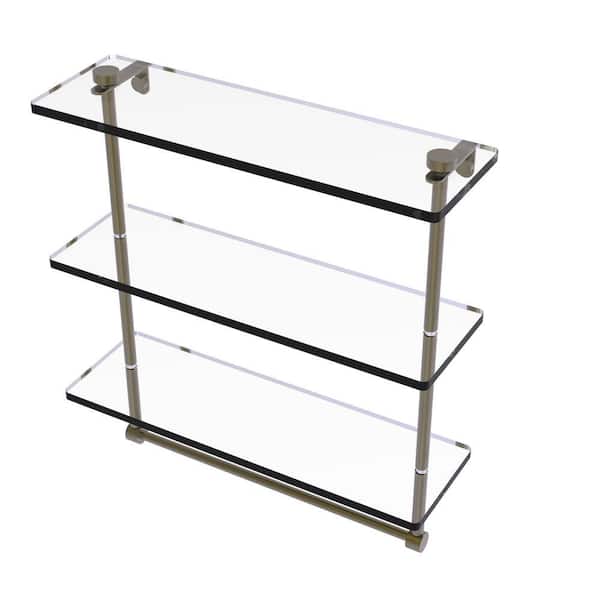 16 in. L x 18 in. H x 5 in. W 3-Tier Clear Glass Bathroom Shelf with Towel Bar in Antique Brass