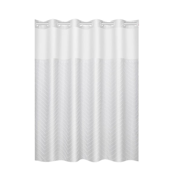 71 in. W x 74 in. L Fabric Shower Curtain in Tufted Chevron Striped, Light-filtering No Hook, Mesh Top Window, in White