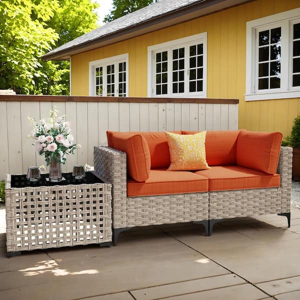HOOOWOOO Holston 3-Piece Wicker Outdoor Patio Conversation Chair Loveseat Set with a Solar-LED Table and Orange Red Cushions