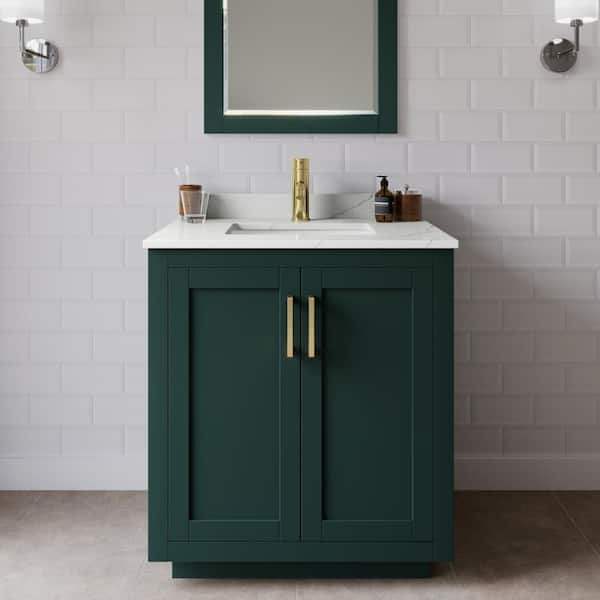 Wyndham Collection Miranda 30 in. W x 22 in. D x 33.75 in. H Single Bath Vanity in Green with Giotto Quartz Top and 24 in. Mirror