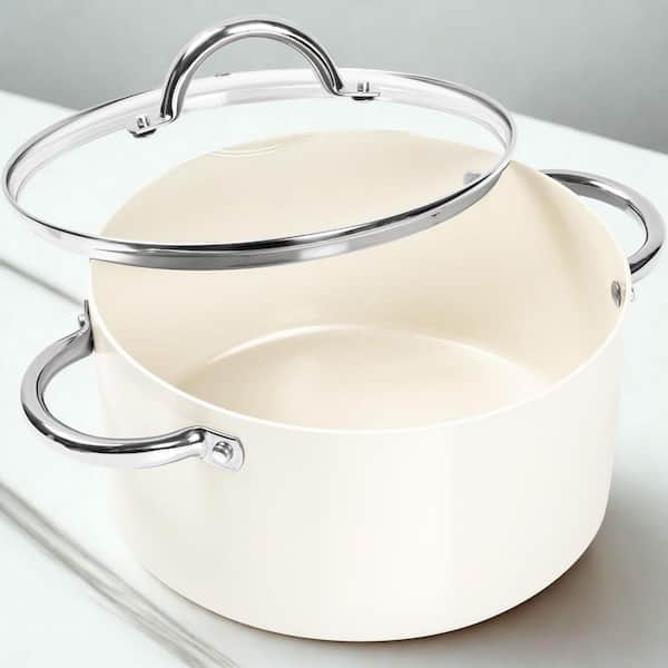 Ceramic Stock Pot with Lid, 5 qt. Nonstick Cooking Pot, Cream