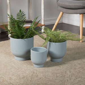 9 in., 8 in. and 6 in. Small Light Blue Ceramic Planter with Linear Grooves and Tapered Bases (3-Pack)