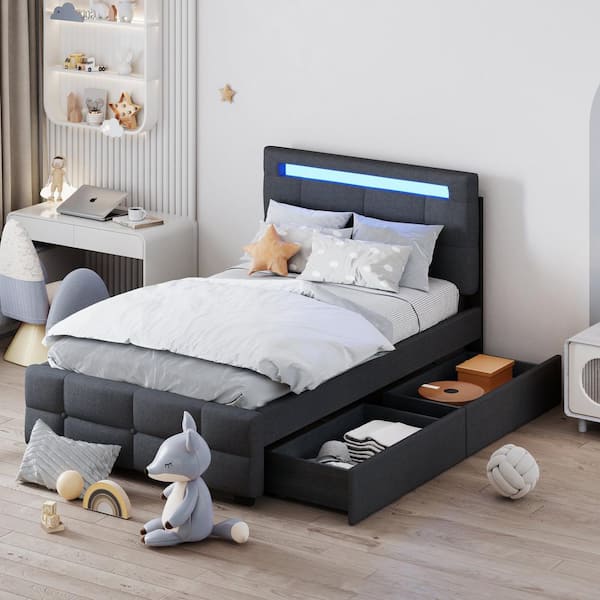 Harper & Bright Designs Gray Wood Frame Twin Size Upholstered Linen Platform Bed with LED Headboard and 2 Drawers