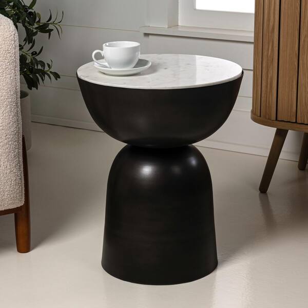 JONATHAN Y Atarah 16 in. Black/White Contemporary Natural Marble/Metal Handmade Round Hourglass End Table