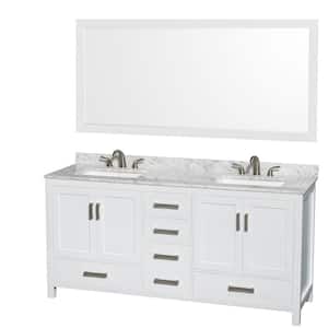 Sheffield 72 in. W x 22 in. D Bath Vanity in White with Marble Vanity Top in White Carrara with White Basins and Mirror