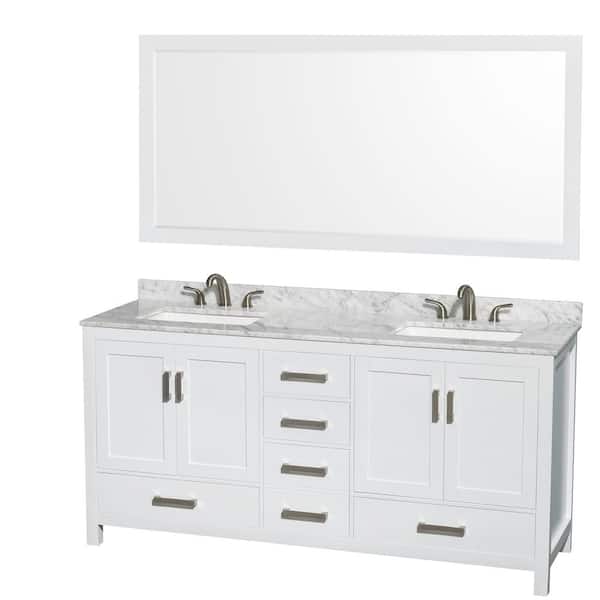 Wyndham Collection Sheffield 72 in. W x 22 in. D Bath Vanity in White with Marble Vanity Top in White Carrara with White Basins and Mirror